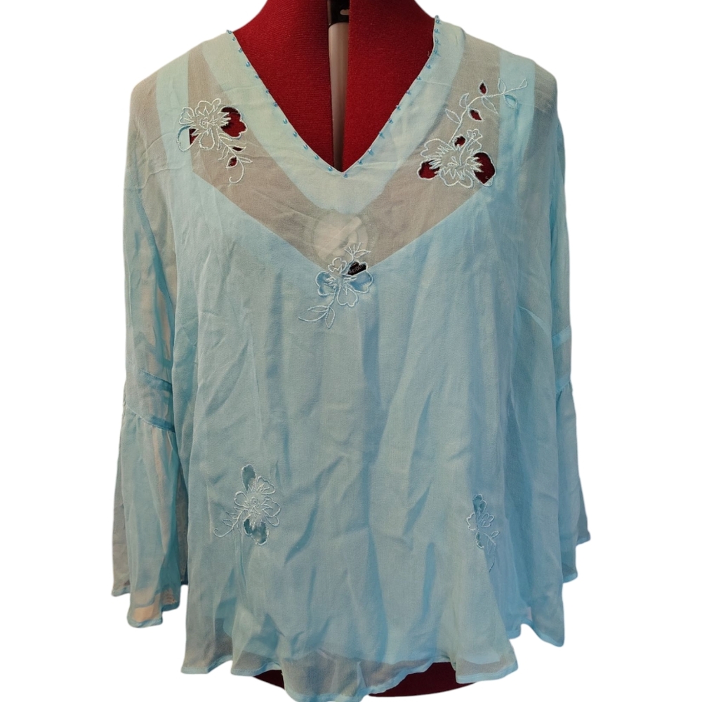 Oxygen 100% Silk Blue 2-pc. Sheer Camisole and Tunic 3/4 Sleeve V-neck Size XL